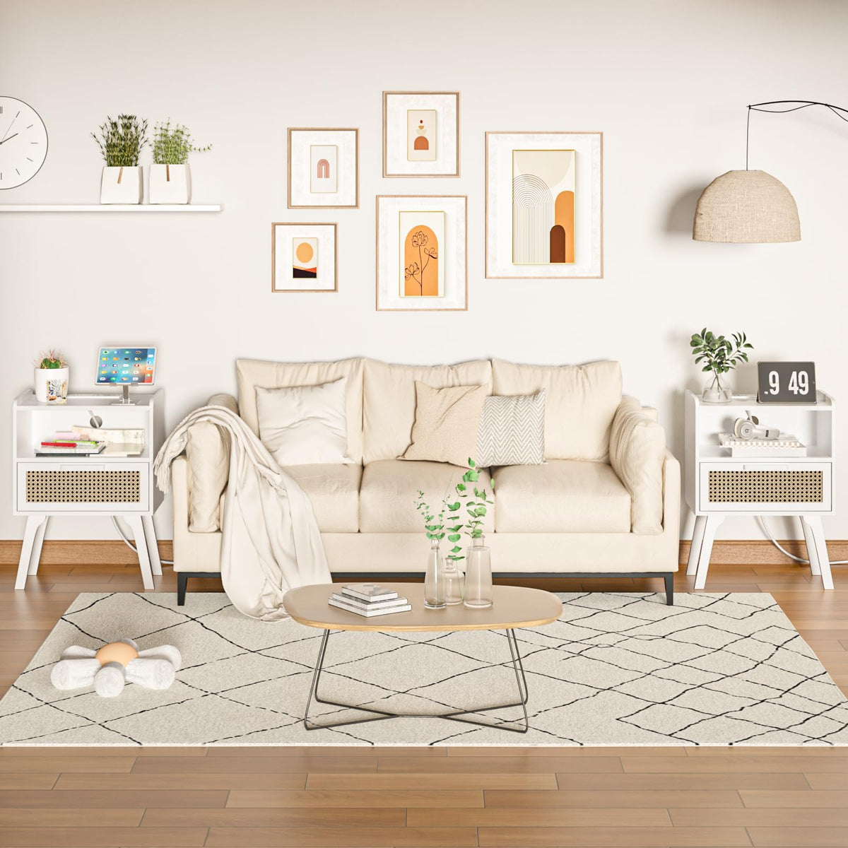 Lerliuo Rattan Nightstand with Charging Station, Boho Night Stand