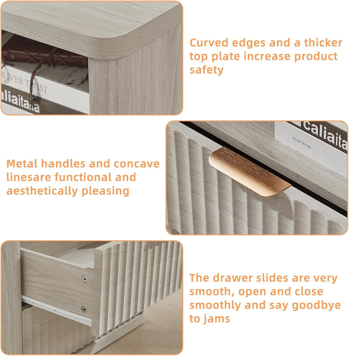 LEYAOYAO 23" Wide Fluted Night Stand with Charging Station, 2 Drawers Large End Table with Storage, LightGrey Nightstand Wood Bedside Tables, Farmhouse Cabinet Dresser for Bedroom, Closet