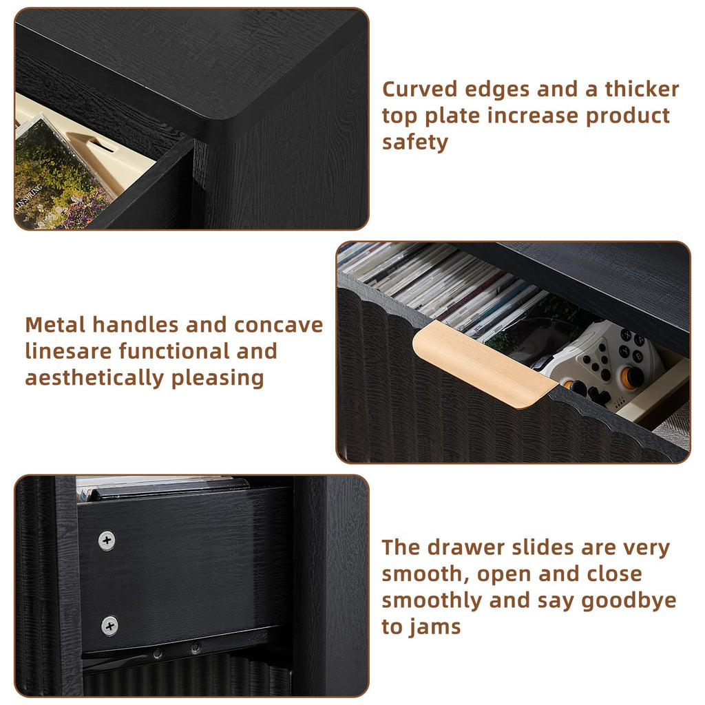 LEYAOYAO Fluted Dressers & Nightstand Set of 4, Wood 48" Wide Dresser & 42" Tall Chest of Drawers,Modern Bedroom Furniture Sets, Black Wooden Nightstand Set of 2 with 2 Drawers & Charging Station