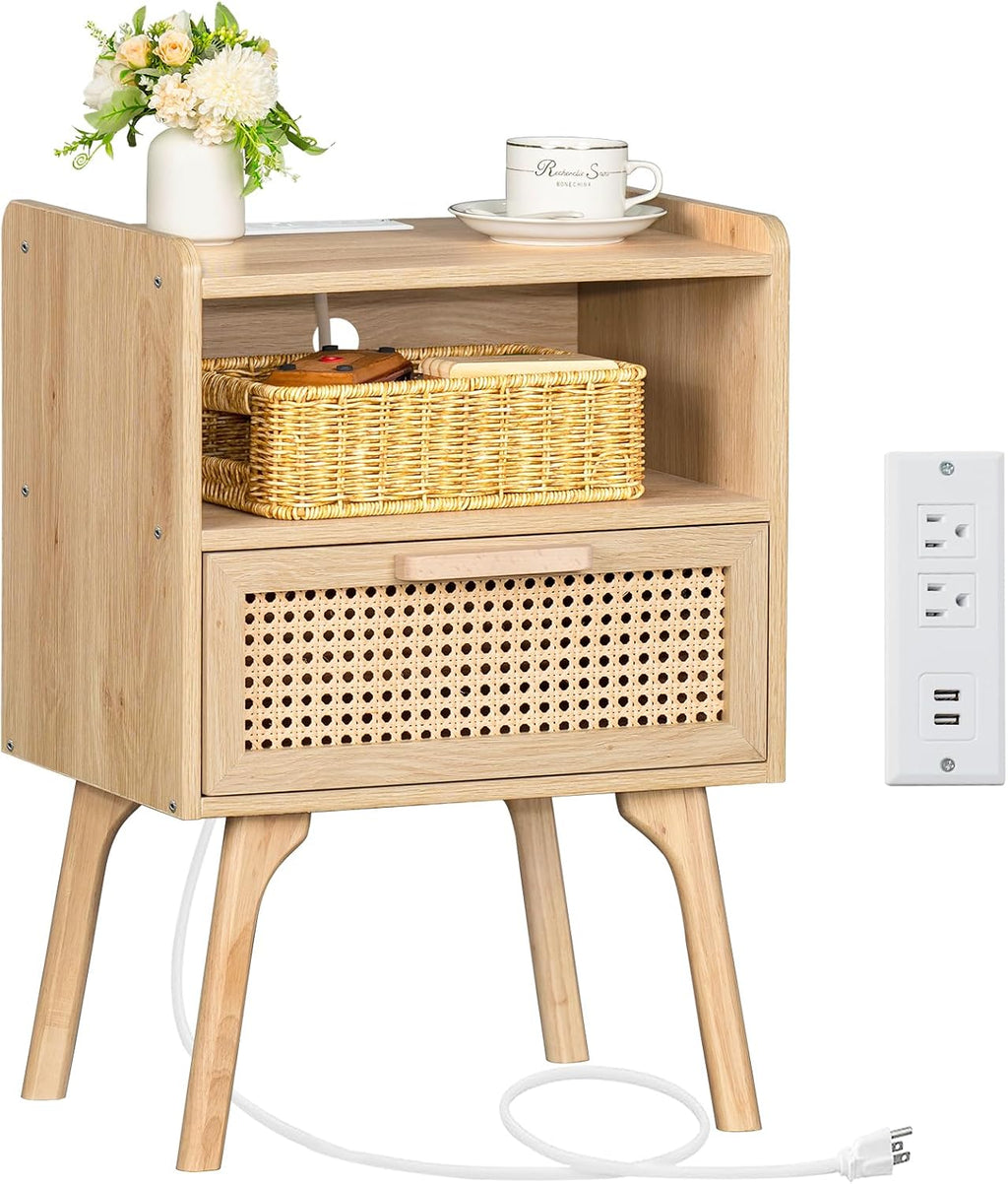 Lerliuo Rattan Nightstand with Charging Station, Boho Night Stand