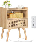 Lerliuo Rattan Nightstand with Charging Station, Boho Night Stand