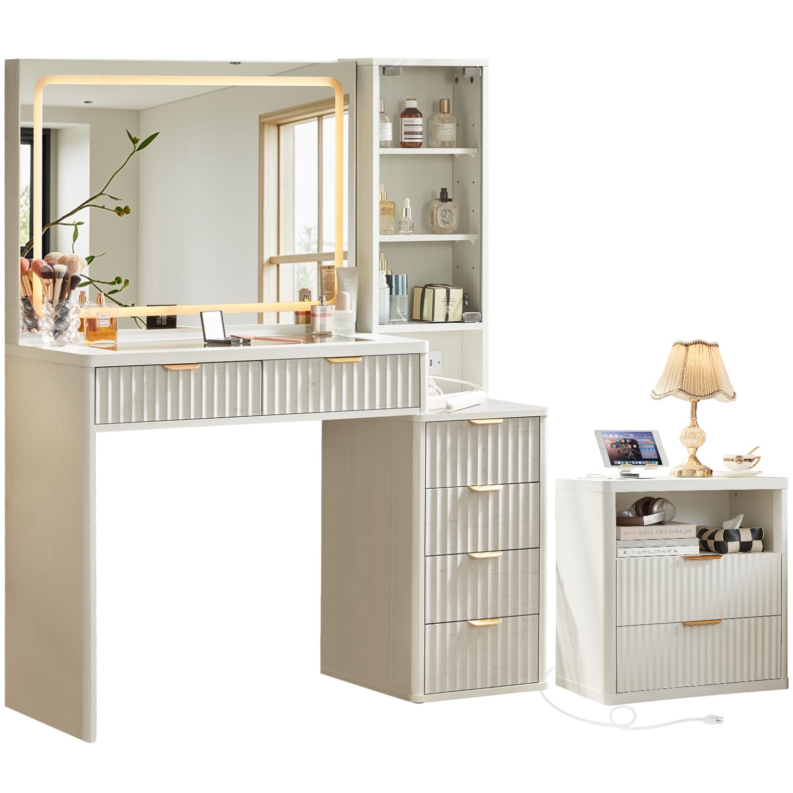 LEYAOYAO Vanity Mirror with Lights and Night Stand Sets, 43.5" Fluted Makeup Vanity with 6 Drawers and Power Outlet, 3 Drawers 23" End Side Table, Natural Wood Makeup Table Bedroom Furniture Set of 2