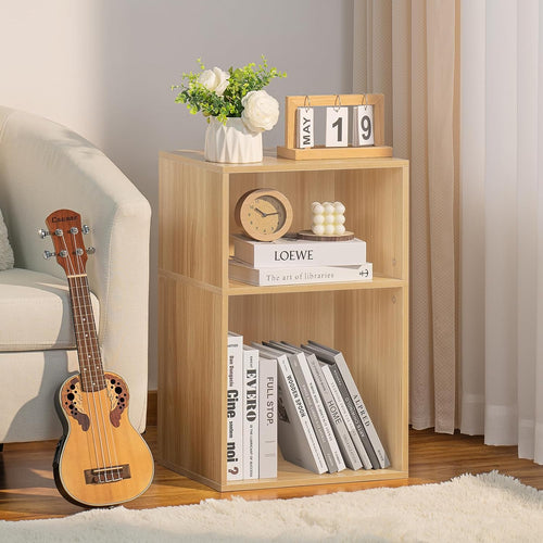 LEYAOYAO 2 Cube Bookshelf,Natural Record Player Stand Holds up to 100 Albums, Mini Wood Book Shelf Storage Organizer,Turntable Stand with Vinyl Storage Cabinet, Narrow Open Bookcase for Small Spaces