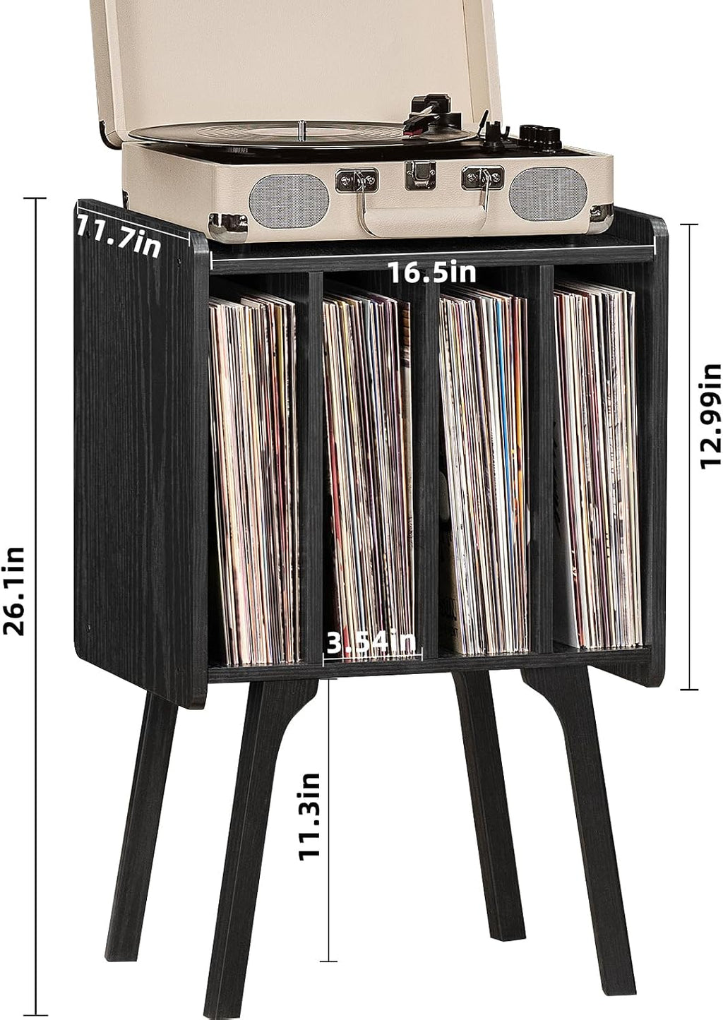 Lerliuo Record Player Stand with Storage Holds Up to 80 Albums, Turntable Stand with Beech Wood Legs, Mid-Century Record Player Table,Black Vinyl Holder Display Shelf for Bedroom Living Room