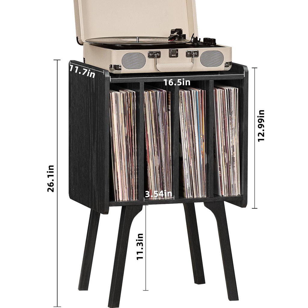 Lerliuo Record Player Stand with Storage Holds Up to 80 Albums, Turntable Stand with Beech Wood Legs, Mid-Century Record Player Table,Black Vinyl Holder Display Shelf for Bedroom Living Room