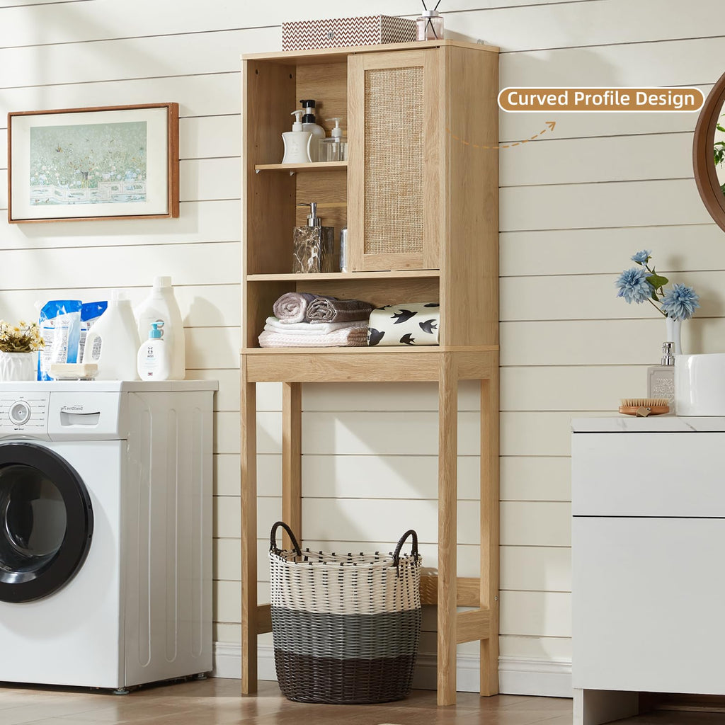 Lerliuo Rattan Bathroom Wall Cabinet, Boho Natural Medicine Cabinet with Adjustable Wood Shelf, 2 Doors Over The Toilet Storage Cabinets for Laundry Room, Kitchen, Living Room