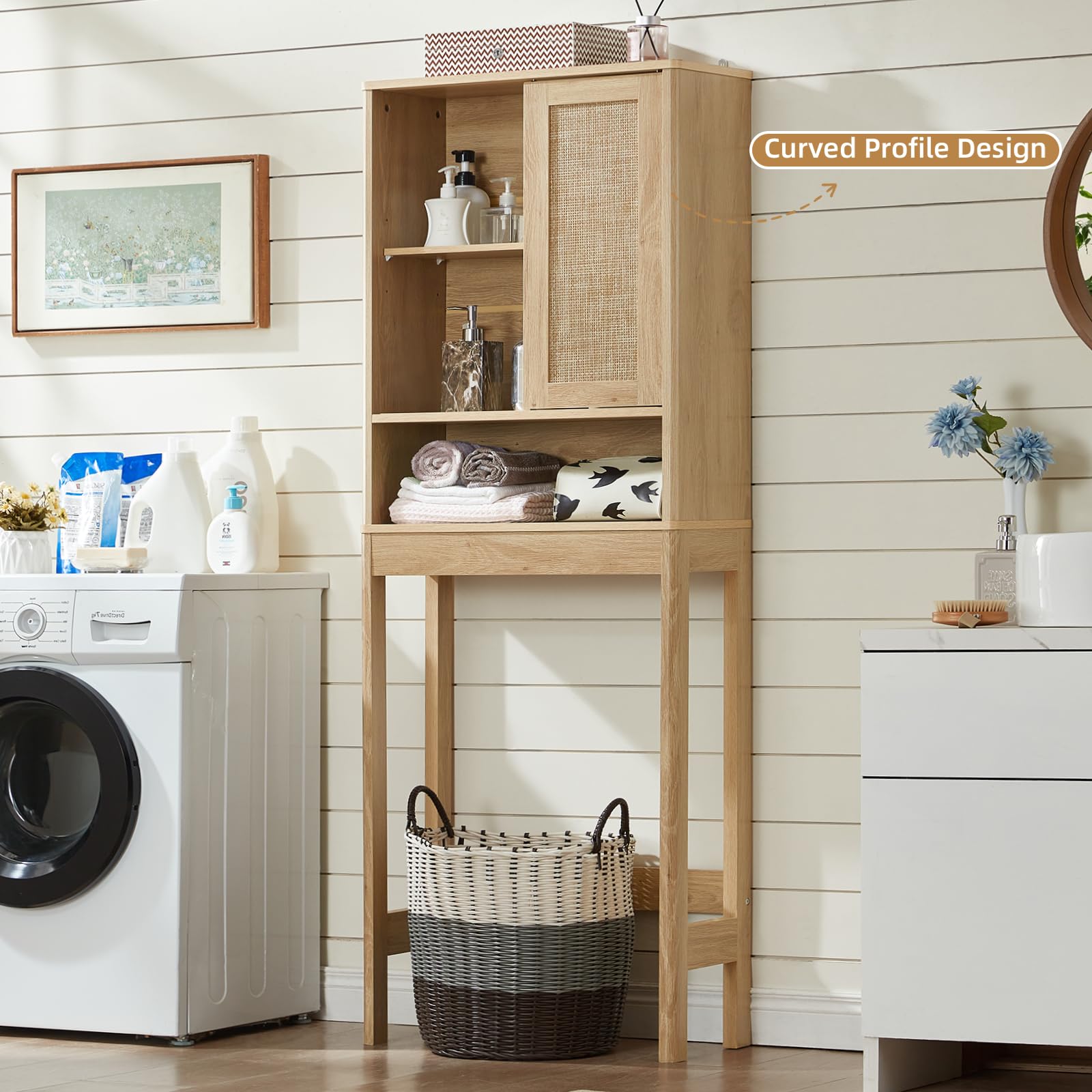 Lerliuo Rattan Bathroom Wall Cabinet, Boho Natural Medicine Cabinet with Adjustable Wood Shelf, 2 Doors Over The Toilet Storage Cabinets for Laundry Room, Kitchen, Living Room