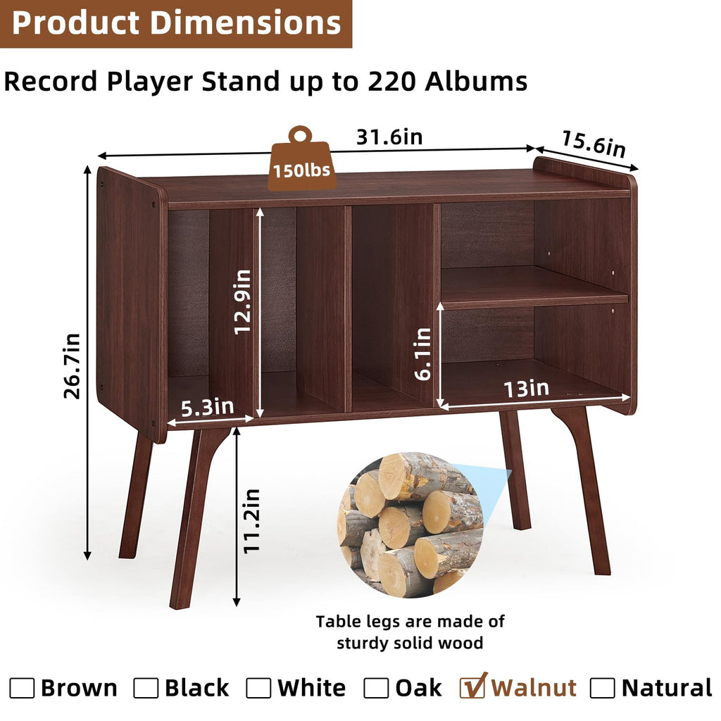 Lerliuo Record Player Stand with 4 Cabinet Holds Up to 220 Albums,Oak