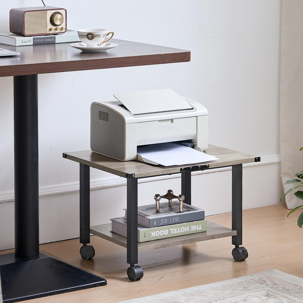 Lerliuo 3-Tier Printer Stand, Industrial Mobile Printer Table with Storage Shelf and Steel Frame, Rolling Printer Cart Holder with Lockable Wheels for Home, Office (White)