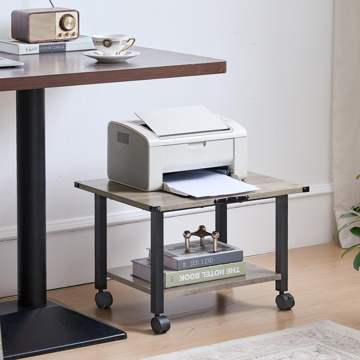 Lerliuo 3-Tier Printer Stand, Industrial Mobile Printer Table with Storage Shelf and Steel Frame, Rolling Printer Cart Holder with Lockable Wheels for Home, Office (White)