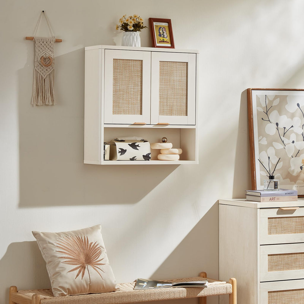 LEYAOYAO 68" Boho Over the Toilet Storage Cabinet with Rattan Sliding Door