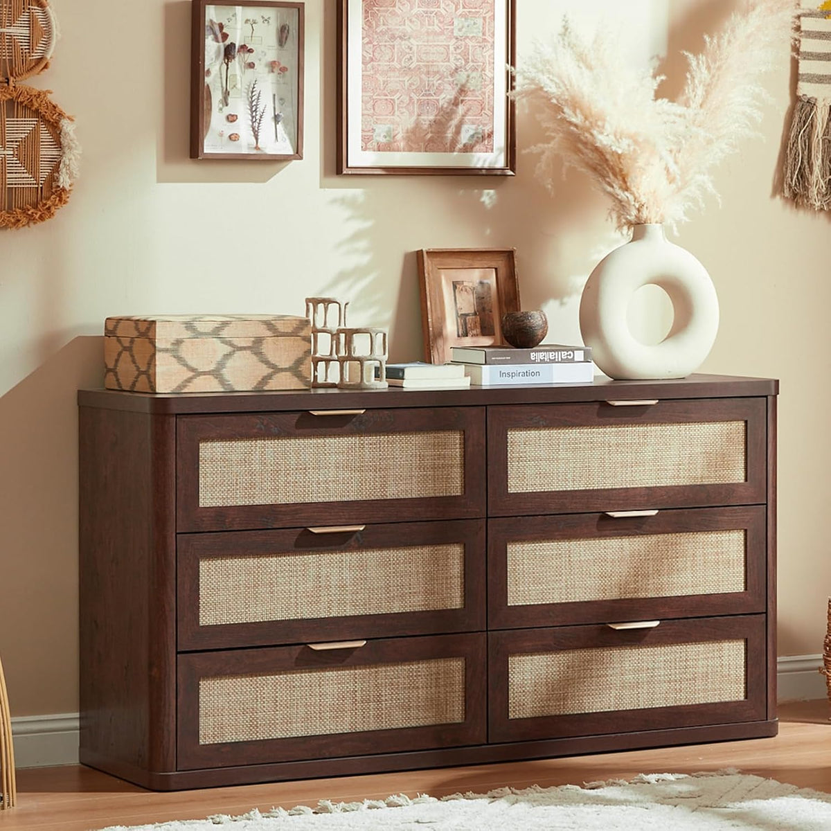 LEYAOYAO Rattan 54'' Wide Dresser for Bedroom, Walnut