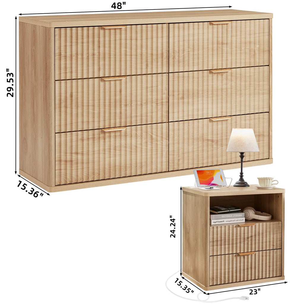 LEYAOYAO 48" Wide Fluted Dresser and 1 Drawers 23" Nightstand Set of 2, Wooden Dresser & Night Stand with Charging Station, 3 Piece Bedroom Furniture Set, Chest of Drawer for Living Room,Antique White