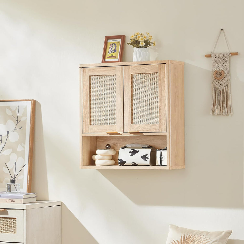 Lerliuo Rattan Bathroom Wall Cabinet, Boho Natural Medicine Cabinet with Adjustable Wood Shelf, 2 Doors Over The Toilet Storage Cabinets for Laundry Room, Kitchen, Living Room