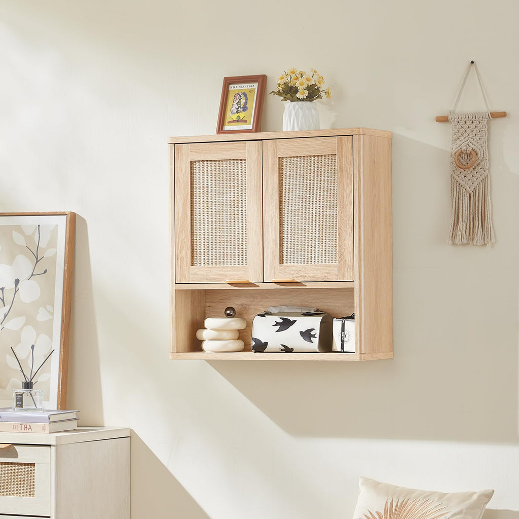 Lerliuo Rattan Bathroom Wall Cabinet, Boho Natural Medicine Cabinet with Adjustable Wood Shelf, 2 Doors Over The Toilet Storage Cabinets for Laundry Room, Kitchen, Living Room