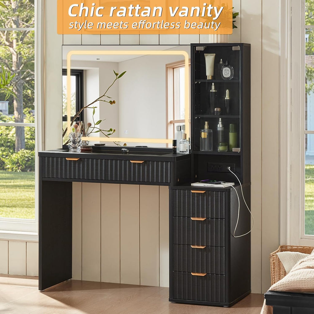 LEYAOYAO Fluted Makeup Vanity Desk with Mirror and Lights, 43.5''