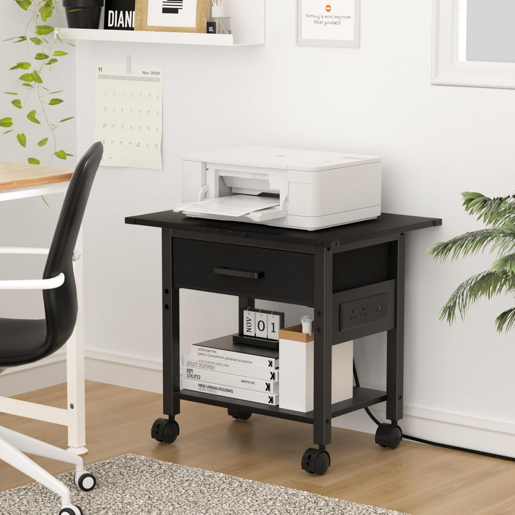 Lerliuo Under Desk Rolling Printer Stand with Drawer, 2-Tier Industrial Mobile Printer Table Desk with Storage Shelf and Steel Frame, Printer Cart Holder with Lockable Wheels for Home, Office (Brown)