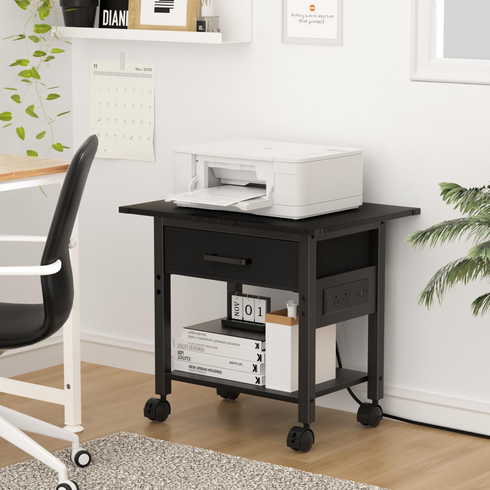 Lerliuo Under Desk Rolling Printer Stand with Drawer, 2-Tier Industrial Mobile Printer Table Desk with Storage Shelf and Steel Frame, Printer Cart Holder with Lockable Wheels for Home, Office (Brown)