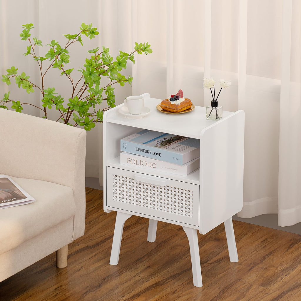 Lerliuo Rattan Nightstand, Boho Side Table with Drawer Open Shelf