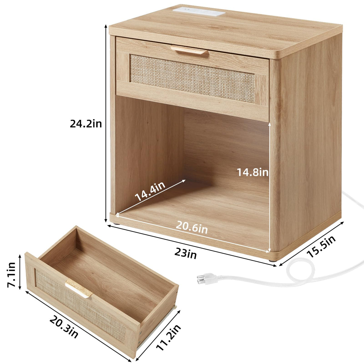 Lerliuo Rattan NightStand with Charger Station, 23" Wide Boho Bedside Table with Drawers, Natural Wood Night Stand Open Storage Cabinet, Bed Side End Table Dresser for Living Room, Hallway, Bedroom