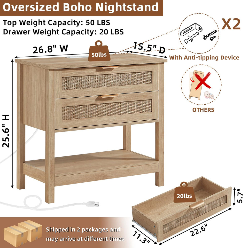 LEYAOYAO 26.8" Wide Rattan Nightstands Set of 2, Large Boho Night Stand