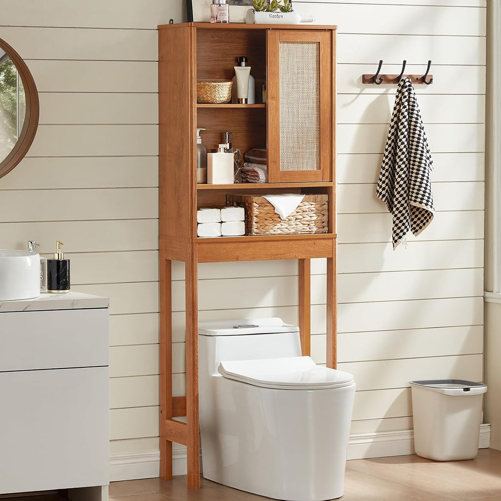 LEYAOYAO 68" Boho Over the Toilet Storage Cabinet with Rattan Sliding Door