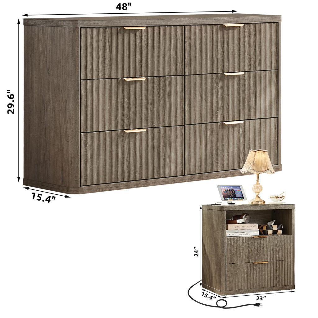 LEYAOYAO Fluted Dresser and 2 Drawers Nightstand Set of 2, Wood 48" Wide Dresser & 23" Night Stand with Charging Station, 3 Piece Bedroom Furniture Set, Chest of Drawers for Living Room,Antique White
