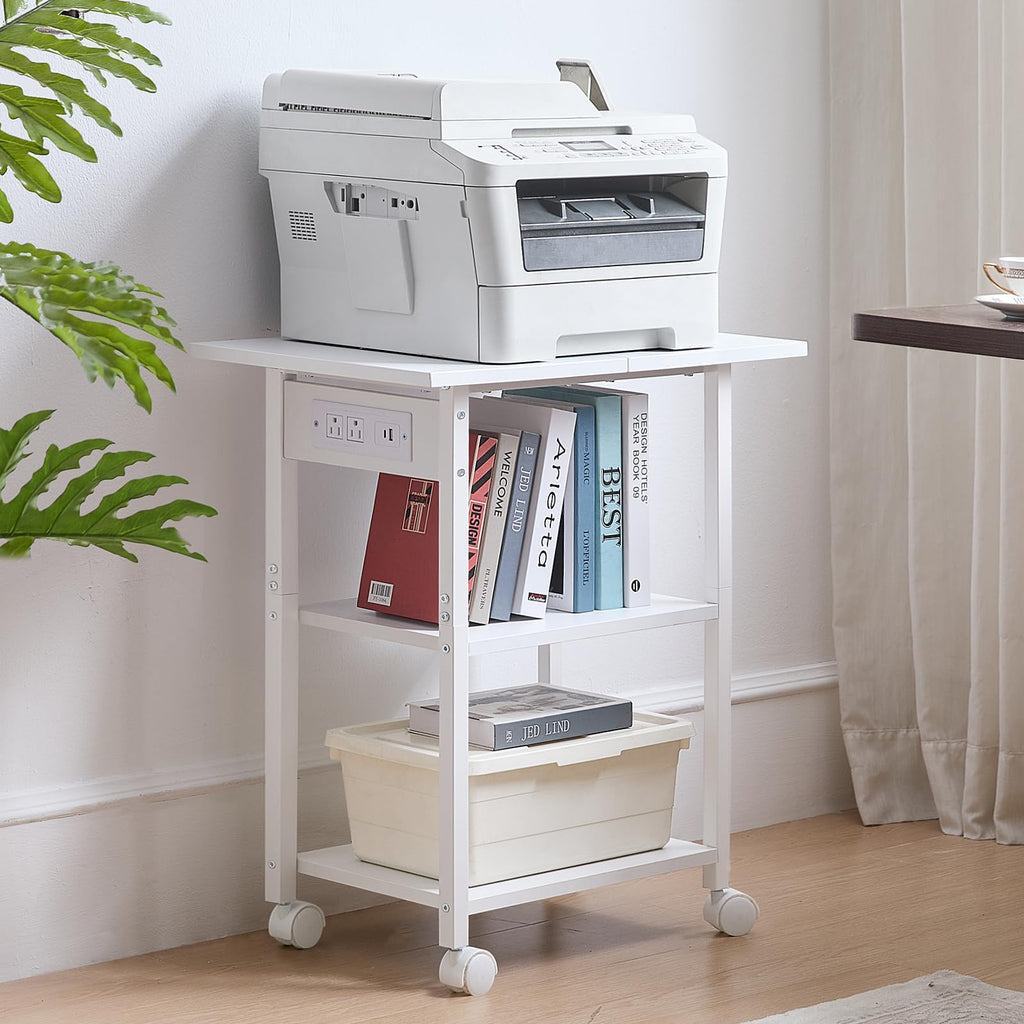 Lerliuo 3-Tier Printer Stand, Industrial Mobile Printer Table with Storage Shelf and Steel Frame, Rolling Printer Cart Holder with Lockable Wheels for Home, Office (White)