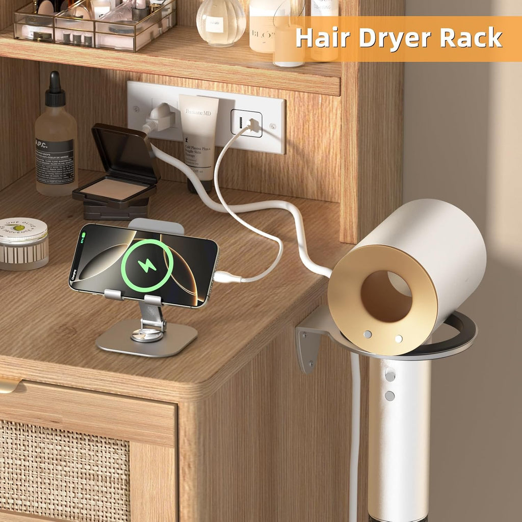 LEYAOYAO Rattan Makeup Vanity Desk with Stool, Mirror and Lights
