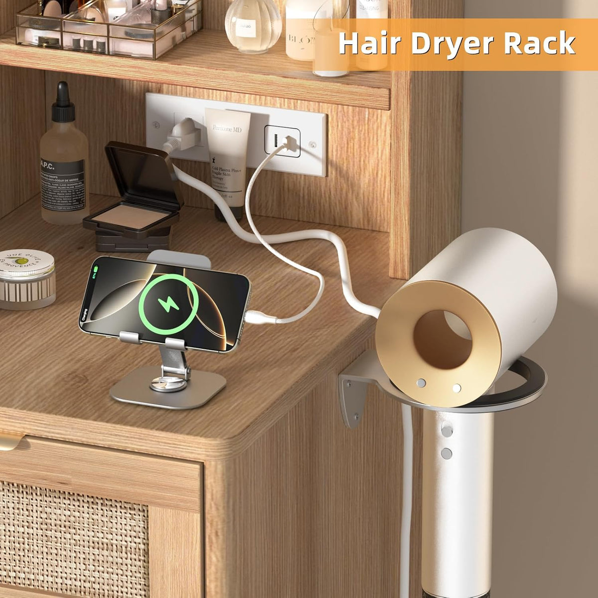 LEYAOYAO Rattan Makeup Vanity Desk with Stool, Mirror and Lights