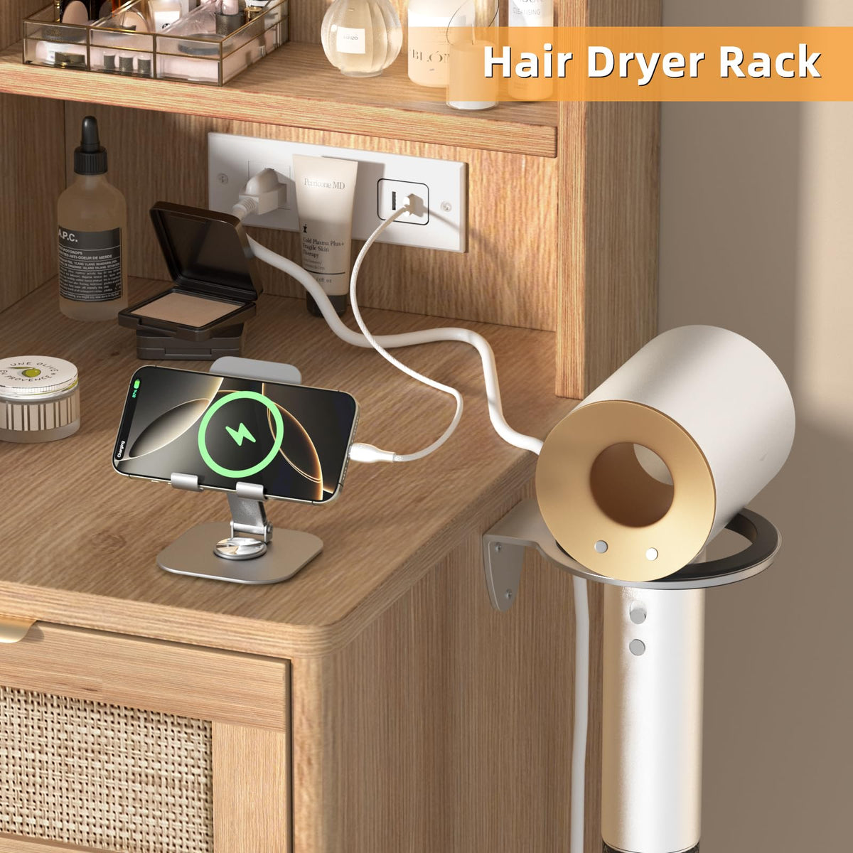 LEYAOYAO Rattan Makeup Vanity Desk with Stool, Mirror and Lights