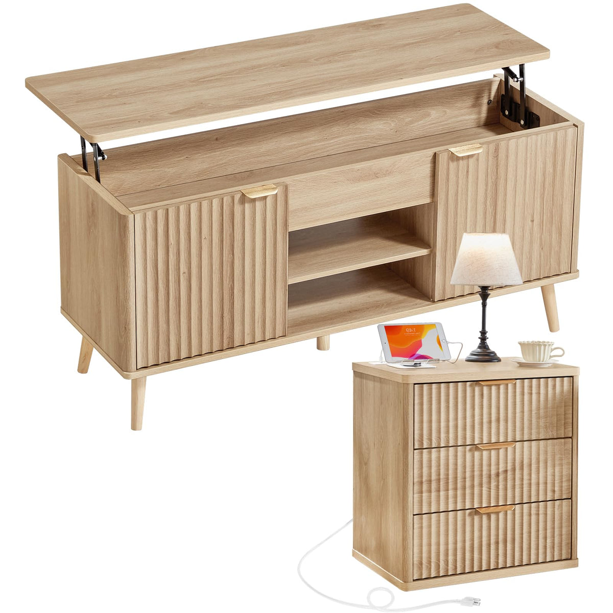 LEYAOYAO Fluted Lift Top Coffee Table and Nightstand Set,Wood 48" Wide Center Tables & 23" Night Stand with 3 Drawers,Farmhouse Living Room Suites for Bedroom Home Living Room Hallway,Blue