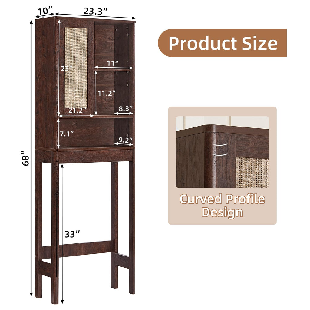 LEYAOYAO 68" Boho Over the Toilet Storage Cabinet with Rattan Sliding Door