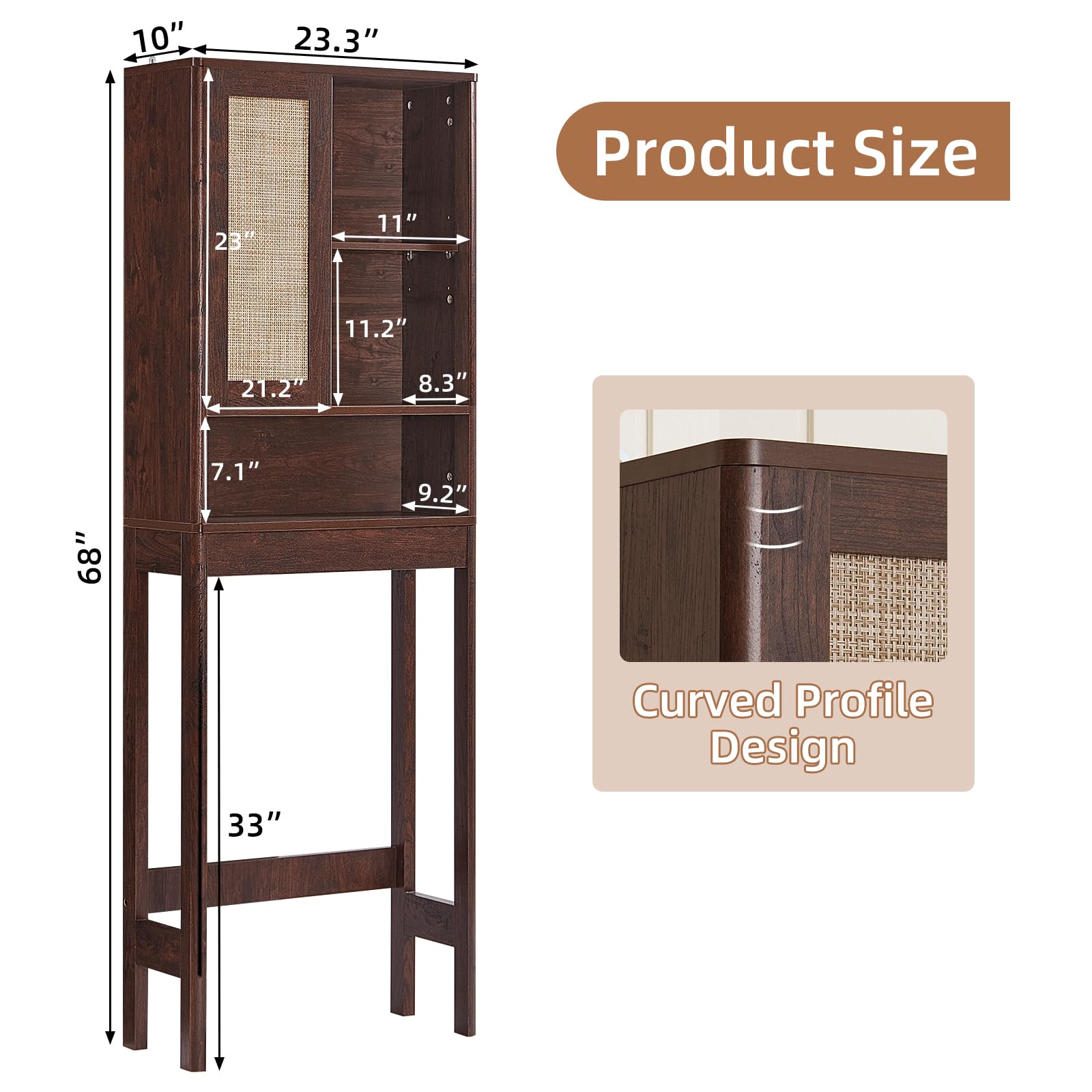 LEYAOYAO 68" Boho Over the Toilet Storage Cabinet with Rattan Sliding Door