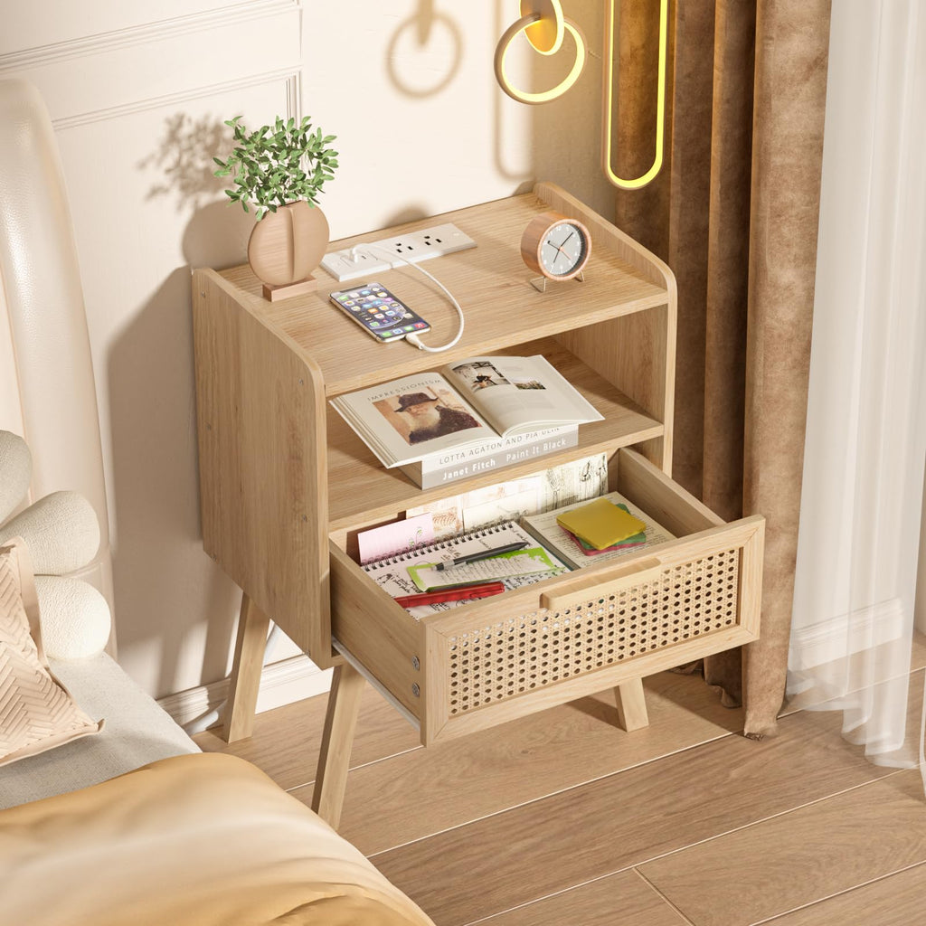 Lerliuo Rattan Nightstand, Boho Side Table with Drawer Open Shelf