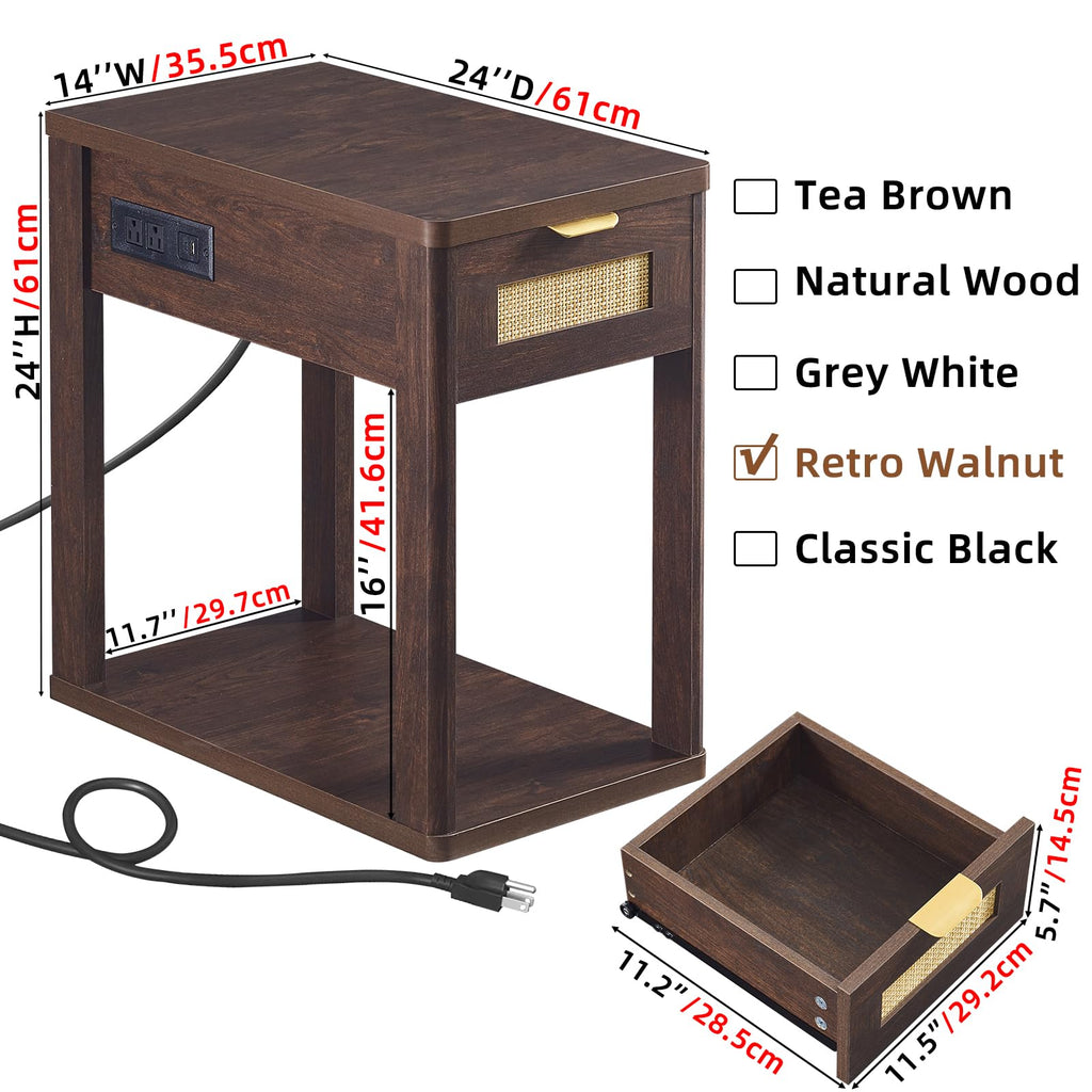 LEYAOYAO Narrow Side Table with Charging Station, Rattan 24 x 14''