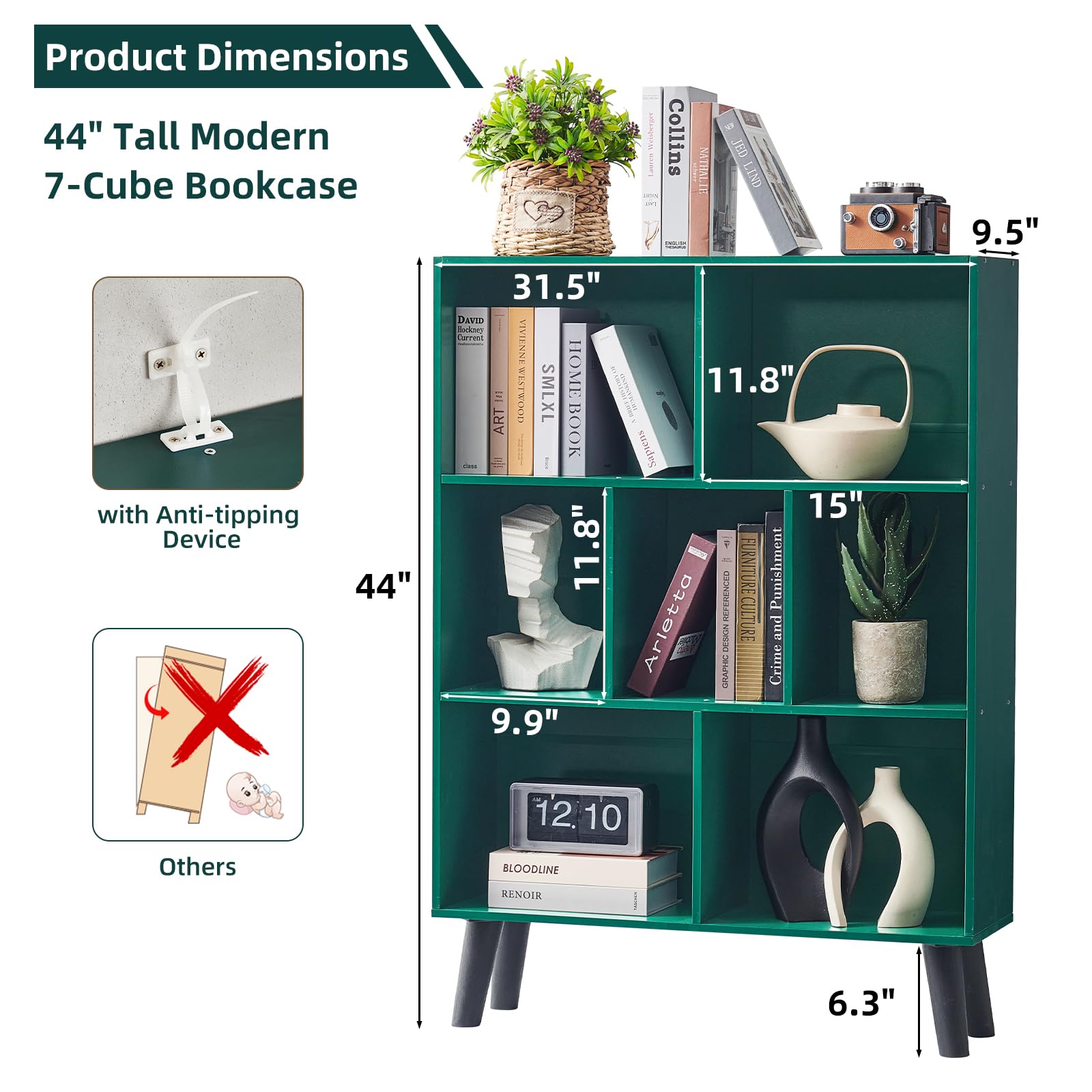 LEYAOYAO 7 Cube Bookshelf, Mid-Century Modern Bookcase Legs,Black Wooden Book Shelves, Wood 3-Tier Freestanding Storage Organizer Display Shelf for Bedroom,Living Room,Office