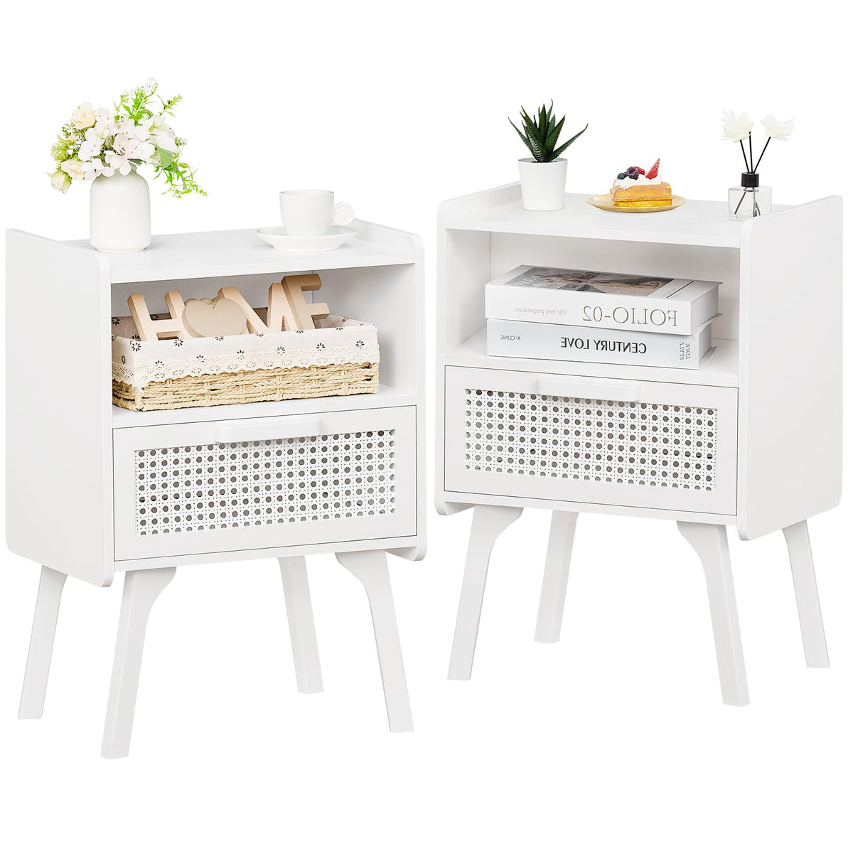 Lerliuo Rattan Nightstand, Boho Side Table with Drawer Open Shelf