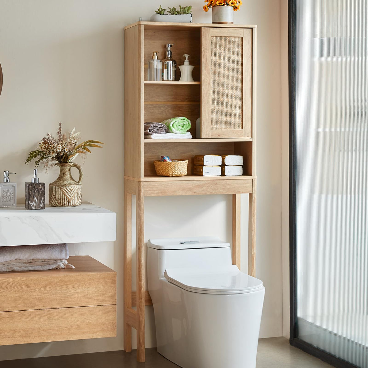 Lerliuo Rattan Bathroom Wall Cabinet, Boho Natural Medicine Cabinet with Adjustable Wood Shelf, 2 Doors Over The Toilet Storage Cabinets for Laundry Room, Kitchen, Living Room