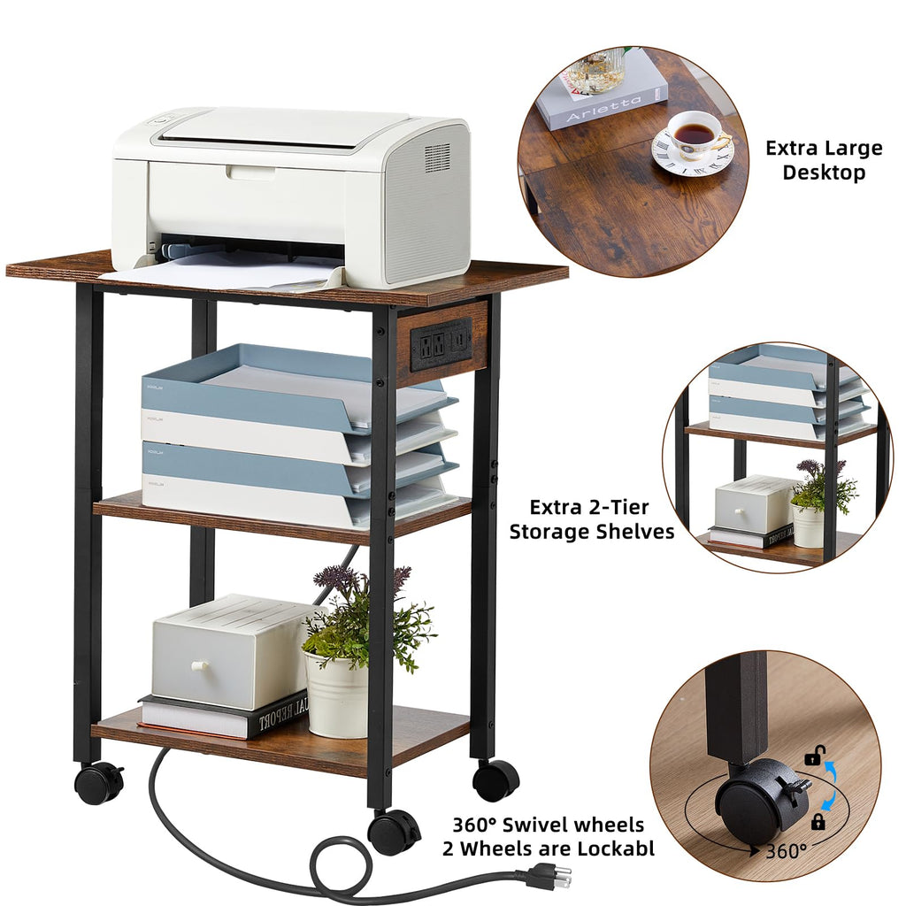 Lerliuo 3-Tier Printer Stand, Industrial Mobile Printer Table with Storage Shelf and Steel Frame, Rolling Printer Cart Holder with Lockable Wheels for Home, Office (White)