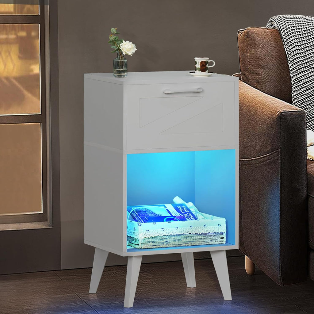 Lerliuo Nightstand with Charging Station and Led Lights,Modern Beside Table with Drawer and Open Storage Shelf,Night Stand with USB Ports and Outlets,White Wood Side Table for Bedroom