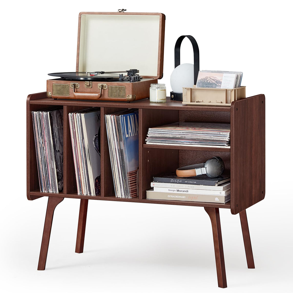 Lerliuo Record Player Stand with 4 Cabinet Holds Up to 220 Albums,Oak