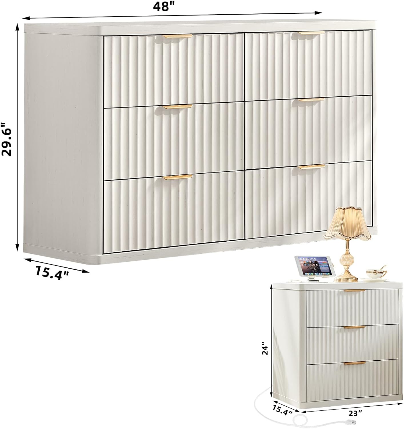 LEYAOYAO Fluted Dresser and Nightstand Sets, Wood 48" Wide Dresser & 23" Night Stand with Charging Station, 2 Piece Bedroom Furniture Set, Chest of Drawers for Bedroom, Home, Living Room,Antique White