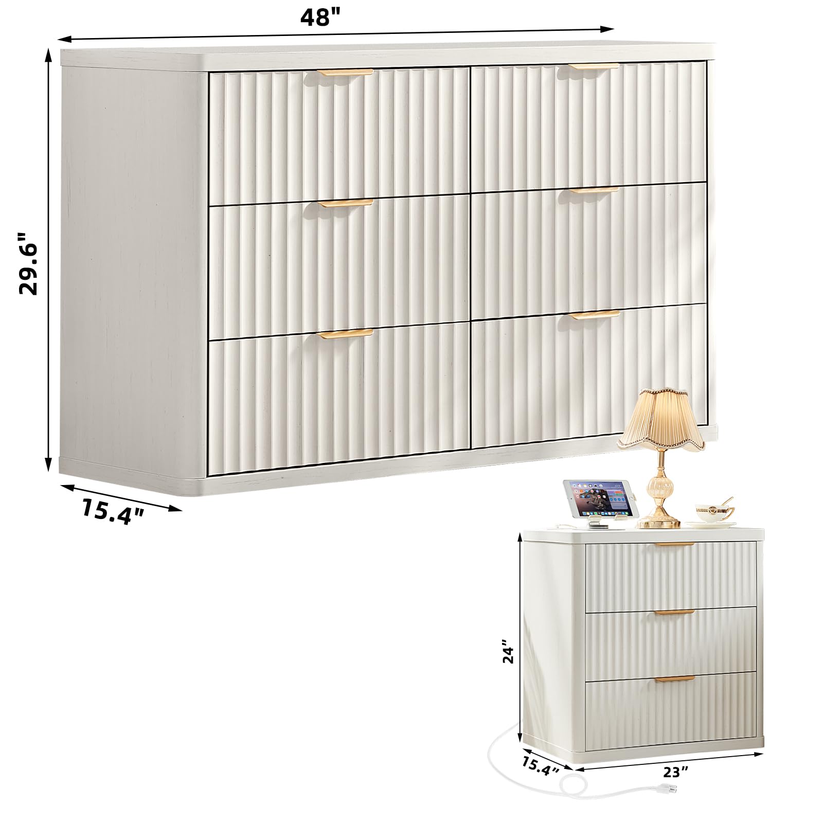 LEYAOYAO Fluted Dresser and Nightstand Sets, Wood 48" Wide Dresser & 23" Night Stand with Charging Station, 2 Piece Bedroom Furniture Set, Chest of Drawers for Bedroom,Living Room, Antique White
