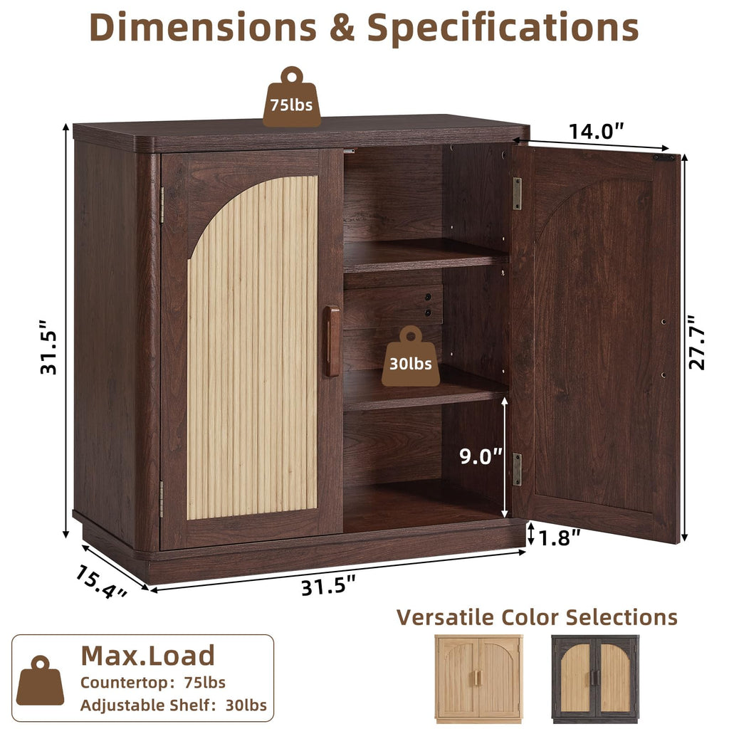 LEYAOYAO Fluted Buffet Cabinet with Storage, 31.5" Coffee Bar Cabinet with Arch Doors & Adjustable Shelves, Mid Century Modern Sideboard, Wood Credenza for Kitchen, Living Room, Natural