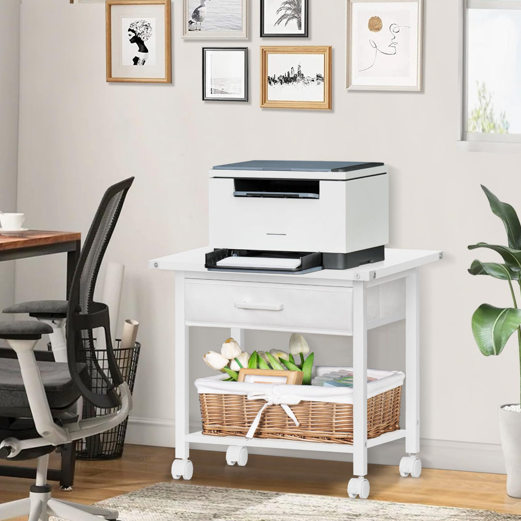 Lerliuo Under Desk Rolling Printer Stand with Drawer, 2-Tier Industrial Mobile Printer Table Desk with Storage Shelf and Steel Frame, Printer Cart Holder with Lockable Wheels for Home, Office (Brown)