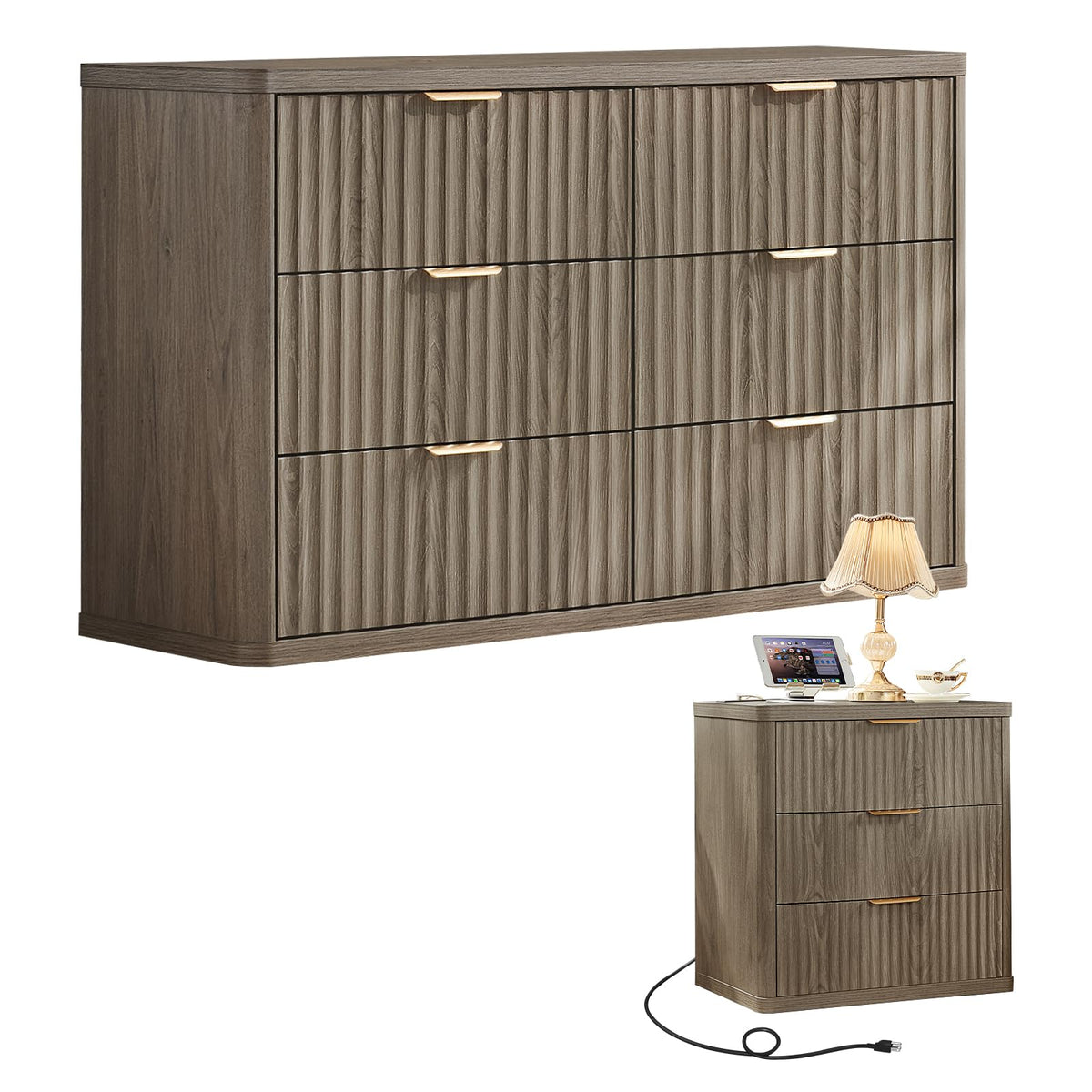 LEYAOYAO Fluted Dresser and Nightstand Sets, Wood 48" Wide Dresser & 23" Night Stand with Charging Station, 2 Piece Bedroom Furniture Set, Chest of Drawers for Bedroom,Living Room, Antique White