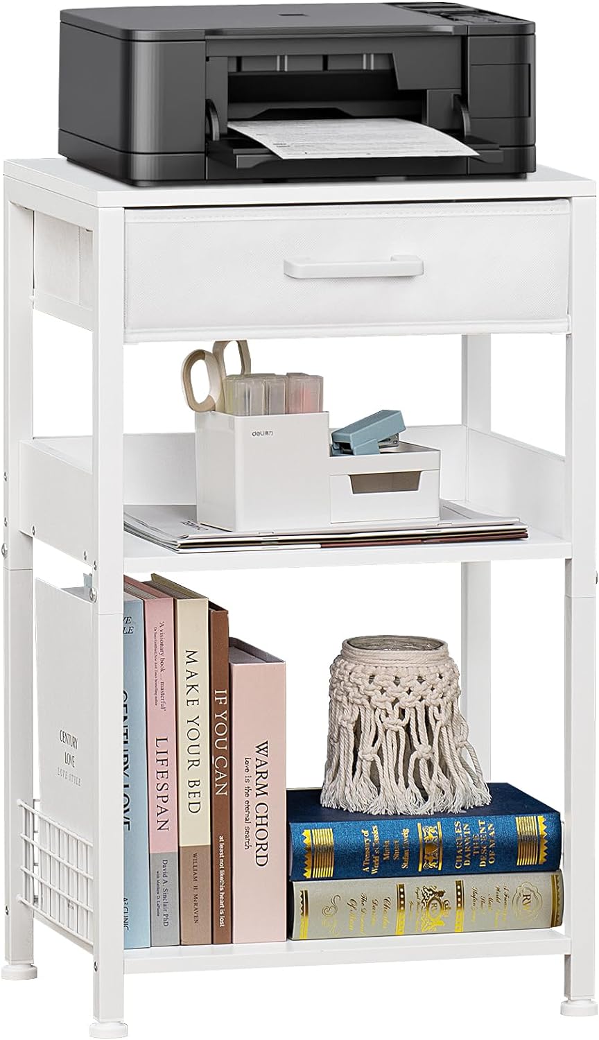Lerliuo Printer Stand with Storage, 3-Tier Printer Table with Drawer, White