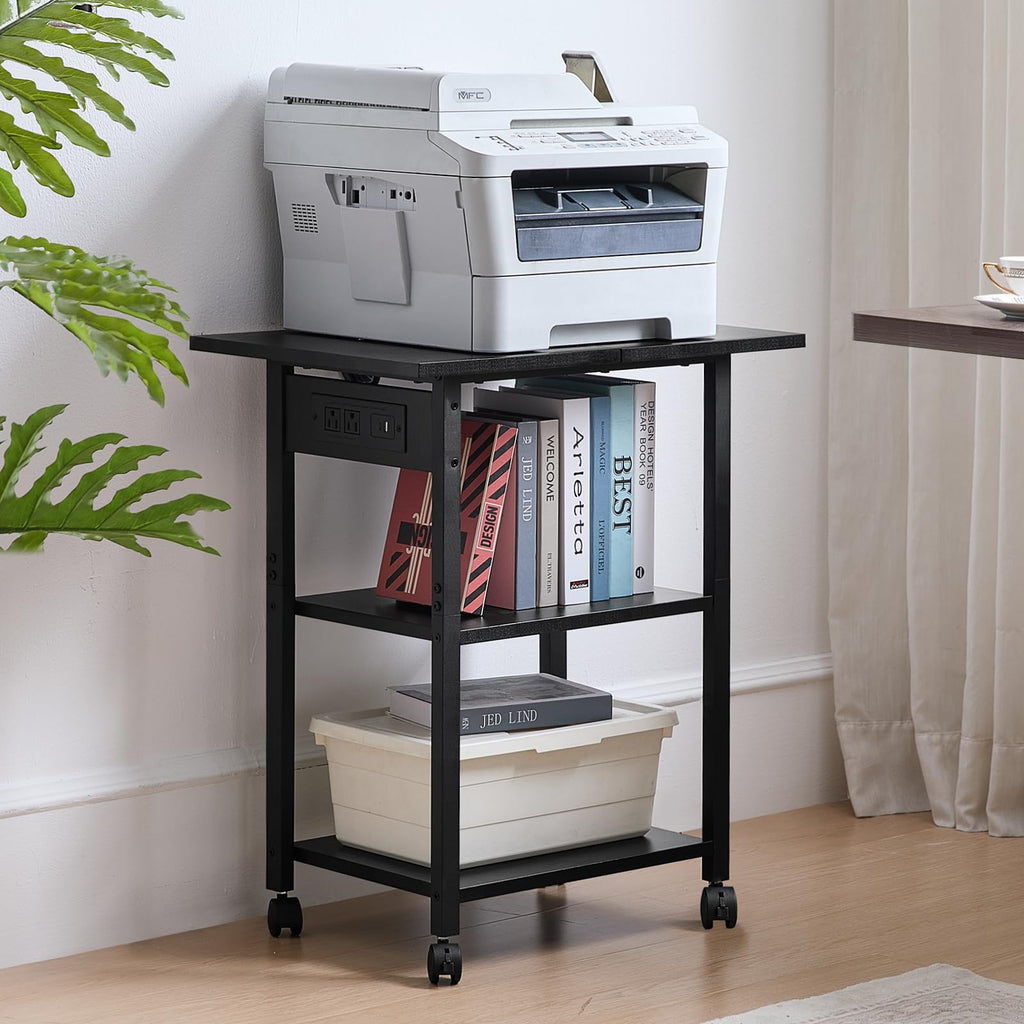 Lerliuo 3-Tier Printer Stand, Industrial Mobile Printer Table with Storage Shelf and Steel Frame, Rolling Printer Cart Holder with Lockable Wheels for Home, Office (White)