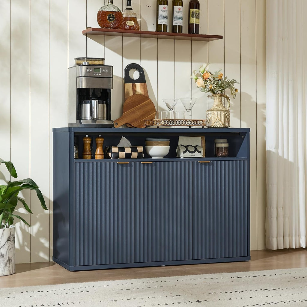 LEYAOYAO 45-Inch Fluted Buffet Cabinet with 3 Doors,Dark Blue